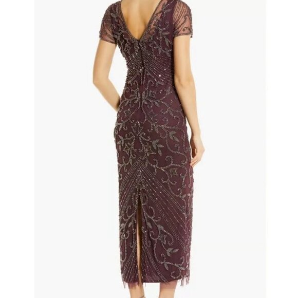 Pisarro Nights Beaded Mesh Column Gown in Wine - Picture 3 of 4